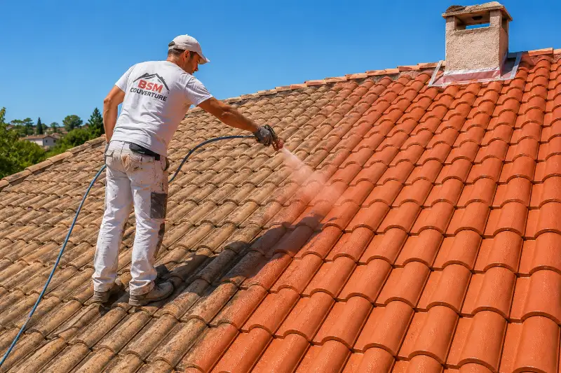 Couvreur pulvérisant un produit hydrofuge sur une toiture du Gard