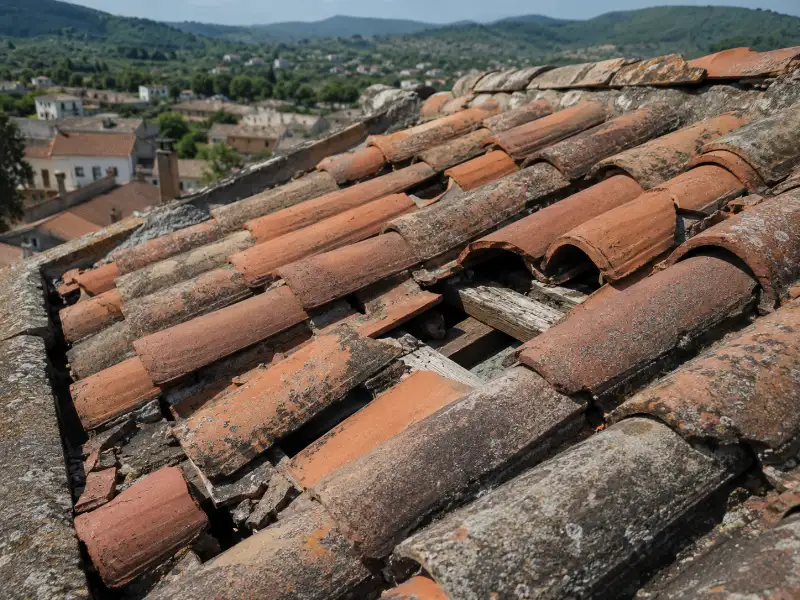 Tuiles cassées et trou dans une toiture ancienne nécessitant une réparation