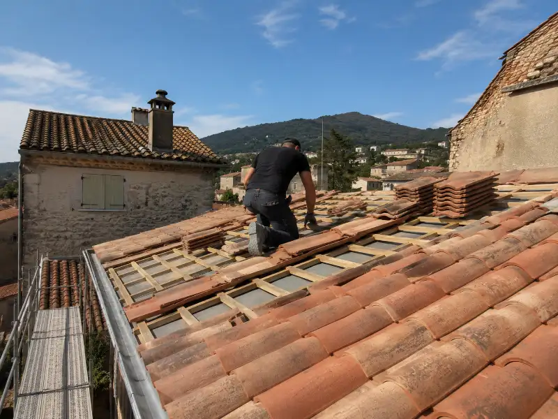 Gouttière en bordure de toiture sur une maison de village du Gard