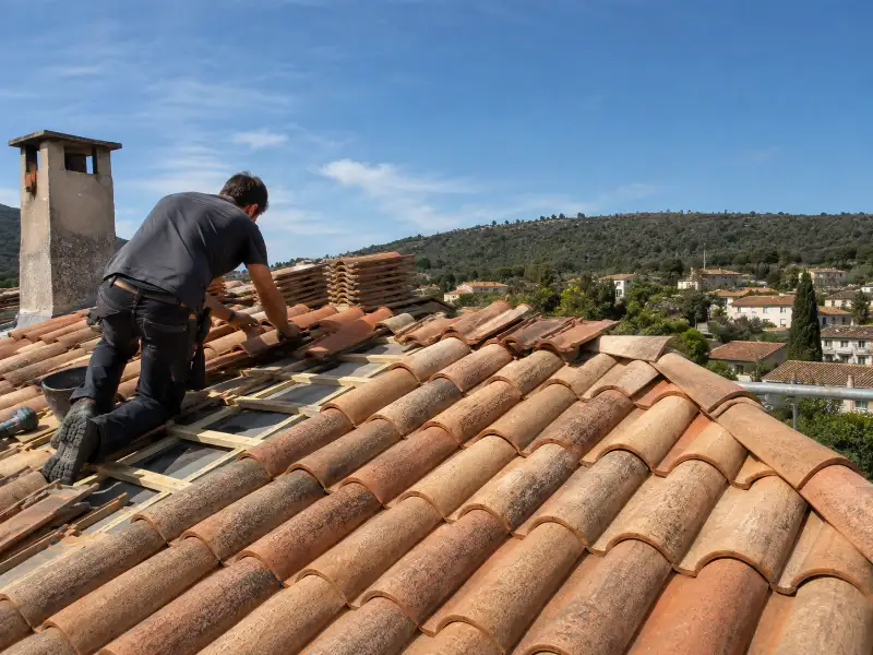 Pose de tuiles canal sur une maison des Cévennes gardoises