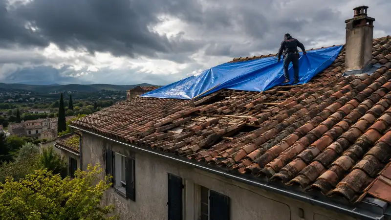 Toiture bâchée après un épisode cévenol dans le Gard