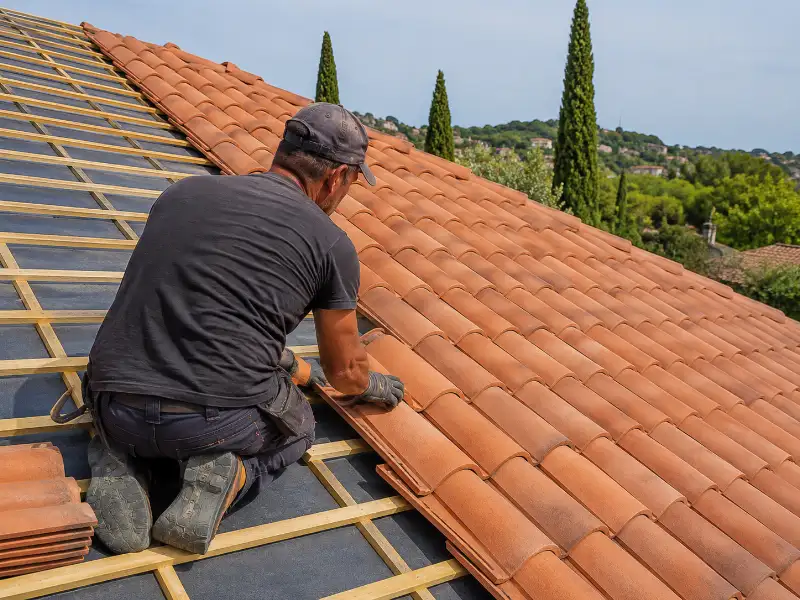 Couvreur posant des tuiles sur un support de couverture neuf à Alès