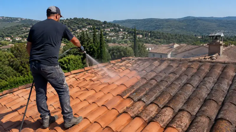 Toiture envahie par la mousse en cours de démoussage dans le Gard