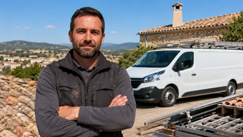 Artisan couvreur de Couvreur HJB devant son véhicule d'intervention à Alès